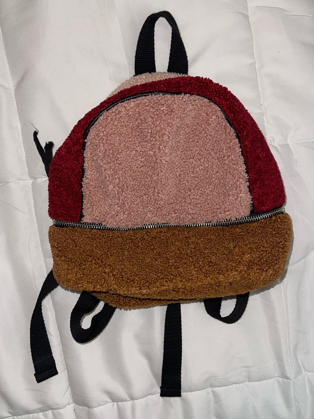 Zara Kids Sherpa Colorblock Mini Backpack - Pink, Red & Brown